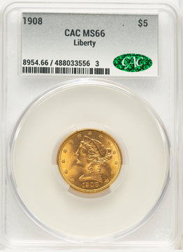 1908 $5 Liberty Liberty Half Eagle CACG MS66