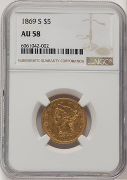 1869-S $5 Brown Label Liberty Half Eagle NGC AU58