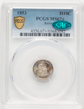 1853 H10C ARROWS CAC Seated Half Dime PCGS MS67+