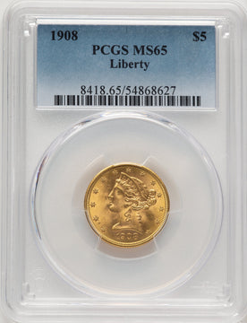 1908 $5 Liberty Liberty Half Eagle PCGS MS65