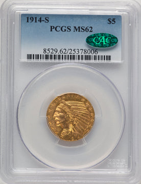 1914-S $5 CAC Indian Half Eagle PCGS MS62