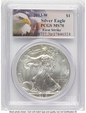 2013-W Burnished Silver Eagle 1 oz FS Eagle Flag Label PCGS MS70 2013-W Burnished Silver Eagle 1 oz FS Eagle Flag Label PCGS MS70