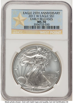 2011-W Burnished Silver Eagle 1 oz ER West Point Star Label NGC MS70 2011-W Burnished Silver Eagle 1 oz ER West Point Star Label NGC MS70