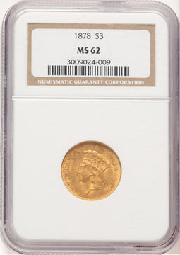 1878 $3 Three Dollar Gold Pieces NGC MS62 (778911001)