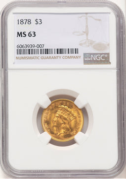 1878 $3 Three Dollar Gold Pieces NGC MS63 (778911004)