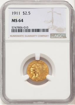 1911 $2.50 Brown Label Indian Quarter Eagle NGC MS64