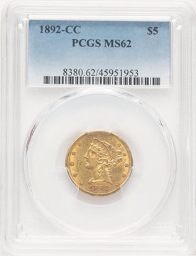 1892-CC $5 Liberty Half Eagle PCGS MS62 (779159001)