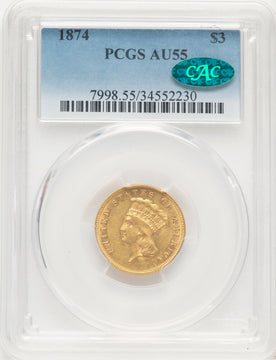1874 $3 CAC Three Dollar Gold Pieces PCGS AU55