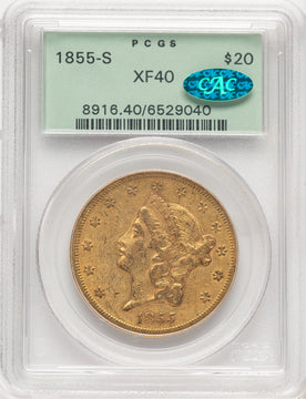 1855-S $20 CAC Liberty Double Eagle PCGS XF40