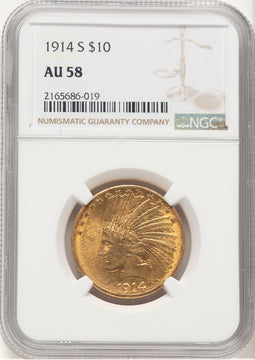 1914-S $10 Brown Label Indian Eagle NGC AU58