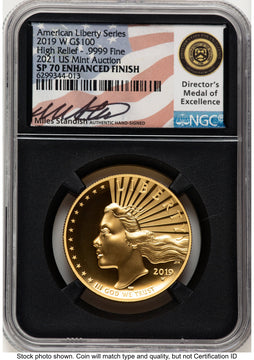 2019-W G$100 American Liberty High Relief Enhanced 2021 US Mint Auction Miles Standish NGC MS70