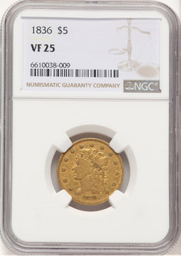1836 $5 Classic Half Eagle NGC VF25