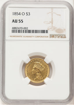 1854-O $3 Three Dollar Gold Pieces NGC AU55