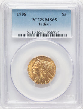 1908 $5 Indian Blue Gradient Indian Half Eagle PCGS MS65