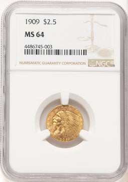 1909 $2.50 Brown Label Indian Quarter Eagle NGC MS64