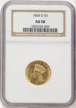 1854-O $3 Three Dollar Gold Pieces NGC AU58 (780003002)