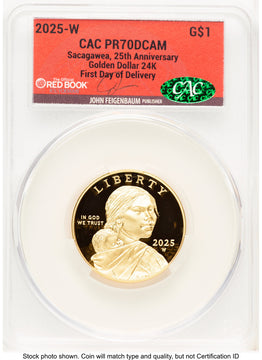 2025-W 1/2 oz Proof Gold Sacagawea 25th Anniversary First Day of Delivery John Feigenbaum Red Book CACG PR70