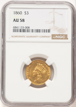 1860 $3 Three Dollar Gold Pieces NGC AU58 (780378007)