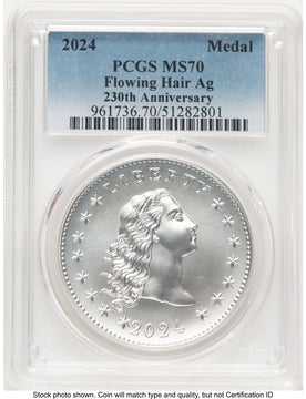 2024-(P) Silver 230th Anniversary Flowing Hair Medal Blue Gradient Modern Commemoratives PCGS MS70