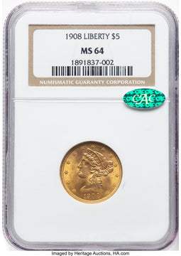 1908 $5 Liberty CAC Liberty Half Eagle NGC MS64