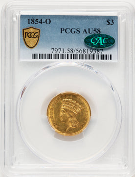 1854-O $3 CAC Three Dollar Gold Pieces PCGS AU58