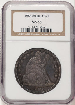 1866 Motto Seated Dollar NGC MS65
