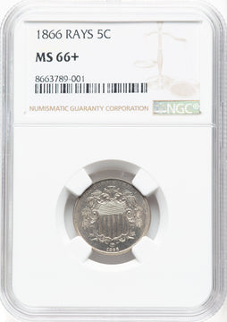 1866 5C RAYS Shield Nickel NGC MS66+