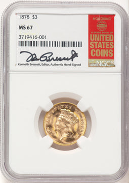 1878 $3 Kenneth Bressett Red Book Three Dollar Gold Pieces NGC MS67