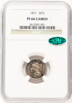 1871 3CN CA CAC Proof Three Cent Nickel NGC PR66
