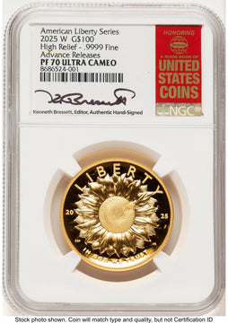 2025-W G$100 American Liberty High Relief AR Kenneth Bressett Red Book NGC PF70