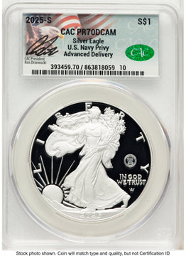2025-S Proof Silver Eagle Privy U.S. Navy 250th Anniversary 1 oz Advanced Delivery Ron Drzewucki CACG PR70 2025-S Proof Silver Eagle Privy U.S. Navy 250th Anniversary 1 oz Advanced Delivery Ron Drzewucki CACG PR70