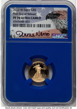 2022-W Proof Gold Eagle 1/10 oz FDR Jennie Blue Core NGC PF70 Norris