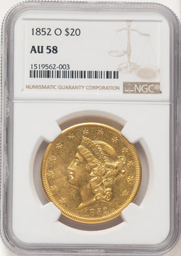 1852-O $20 Brown Label Liberty Double Eagle NGC AU58
