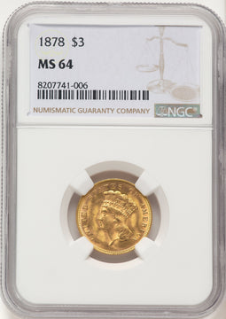 1878 $3 Brown Label Three Dollar Gold Pieces NGC MS64