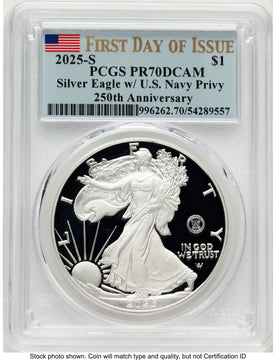 2025-S Proof Silver Eagle Privy U.S. Navy 250th Anniversary 1 oz FDI Flag PCGS PR70