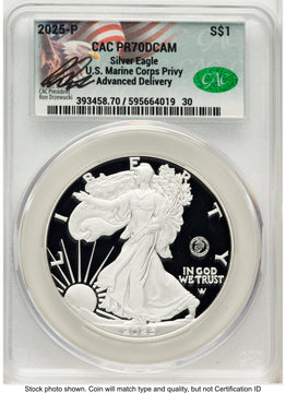 2025-P Proof Silver Eagle Privy U.S. Marine Corps 250th Anniversary 1 oz Advanced Delivery Ron Drzewucki CACG PR70 2025-P Proof Silver Eagle Privy U.S. Marine Corps 250th Anniversary 1 oz Advanced Delivery Ron Drzewucki CACG PR70