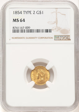 1854 G$1 Type Two Gold Dollar NGC MS64