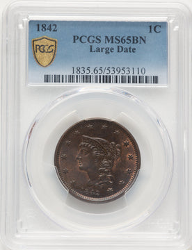 1842 1C BN Large Cent PCGS MS65