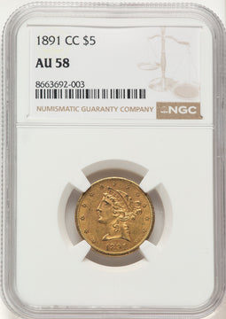 1891-CC $5 Liberty Half Eagle NGC AU58