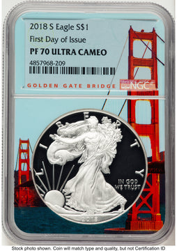 2018-S Proof Silver Eagle 1 oz FDI San Francisco Golden Gate Bridge Core/Label NGC PF70