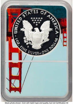 2018-S Proof Silver Eagle 1 oz FDI San Francisco Golden Gate Bridge Core/Label NGC PF70