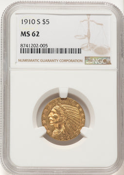 1910-S $5 Brown Label Indian Half Eagle NGC MS62