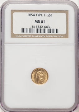 1854 G$1 T-1 Gold Dollar NGC MS61