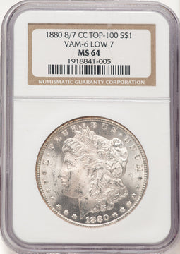 1880-CCVAM-6 8 Over Low 7 Morgan Dollar NGC MS64