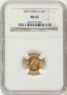 1873 G$1 OPEN 3 Gold Dollar NGC MS62