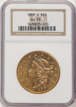 1859-S $20 Liberty Double Eagle NGC AU55