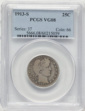 1913-S 25C Barber Quarter PCGS VG8