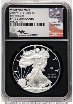 2020-W Proof Silver Eagle V75 Privy 1 oz FR John NGC PF70 Mercanti
