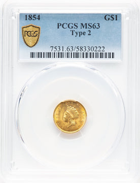 1854 G$1 Type Two Gold Dollar PCGS MS63 1854 G$1 Type Two Gold Dollar PCGS MS63