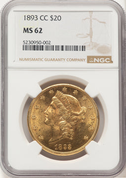 1893-CC $20 Liberty Double Eagle NGC MS62 1893-CC $20 Liberty Double Eagle NGC MS62